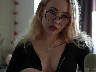 Tattooed nerdy girl gives a deepthroat blowjob and uses asmr on herself
