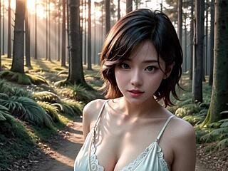 जंगल में बड़े स्तन और हील वाली जापानी हेंटाई