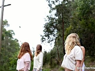 Lesbian yoga session in the open air with voluptuous blondes