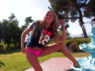 Samantha Saint's playful solo session with football-themed elements