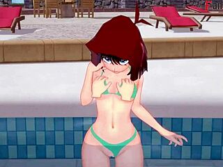 Η Anzu Mazaki επιδίδεται σε ευχαρίστηση δίπλα στην πισίνα με χαρακτήρα Yu-Gi-Oh με μπικίνι