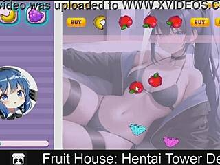 Eroottinen 2D-peli anime-tyylisillä hahmoilla, jotka puolustavat hedelmäaiheista tornia