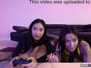 Two teen girls playing video games get interrupted by a horny stepbro for a steamy threesome