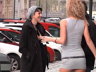 Anita and Emilia engage in a hot threesome with a skinny dude on the streets