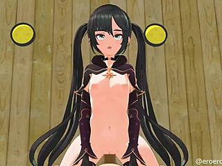 Sensual cowgirl hentai with Genshin Impact Mona and her black hair update by Smixix