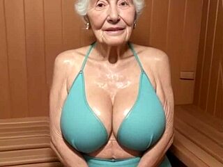 Komisk porno i 3D med bedstemor og bedstemor i en varm sauna