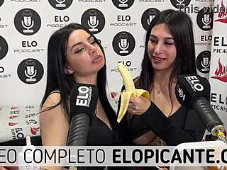 Two women indulge in a sensual banana-themed dessert and savor every last drop